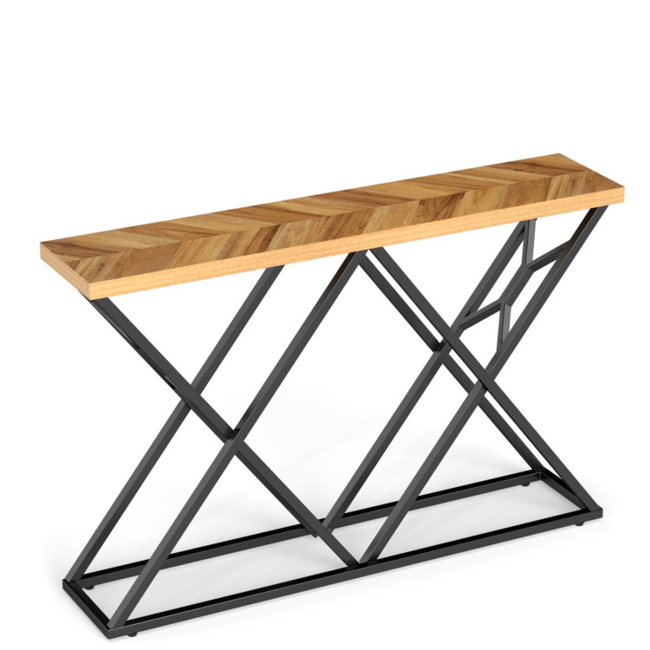 Natural - Black Console Table with Solid Metal Frame and Storage Shelf 55"
